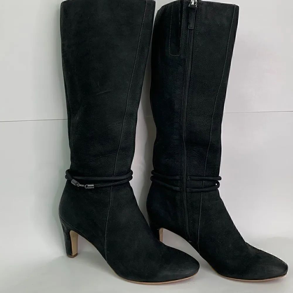 Ecco Black Suede Leather heeled boots with ankle wrap detail